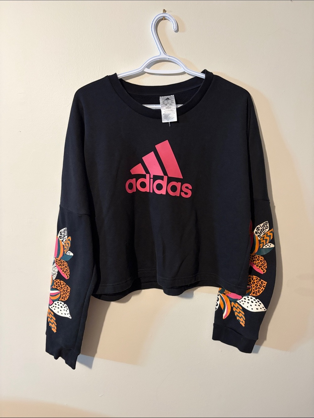 adidas Black Crew Sweatshirt with Pink Logo and Multicolor Floral Sleeves